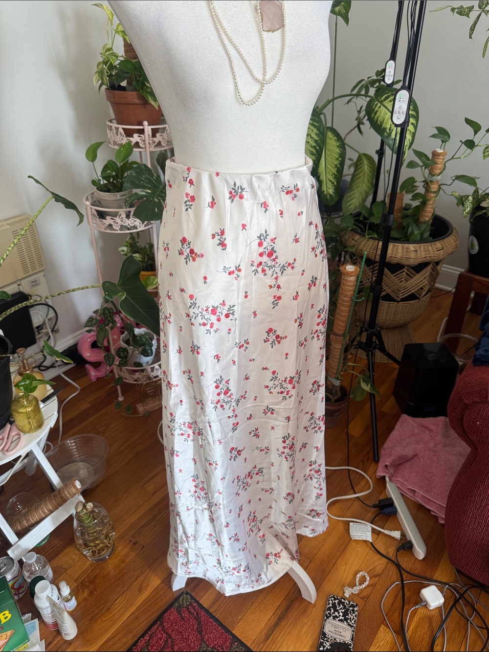 Fashion Nova Buy Myself Flowers Floral Satin Maxi Skirt in Champagne and Pink
